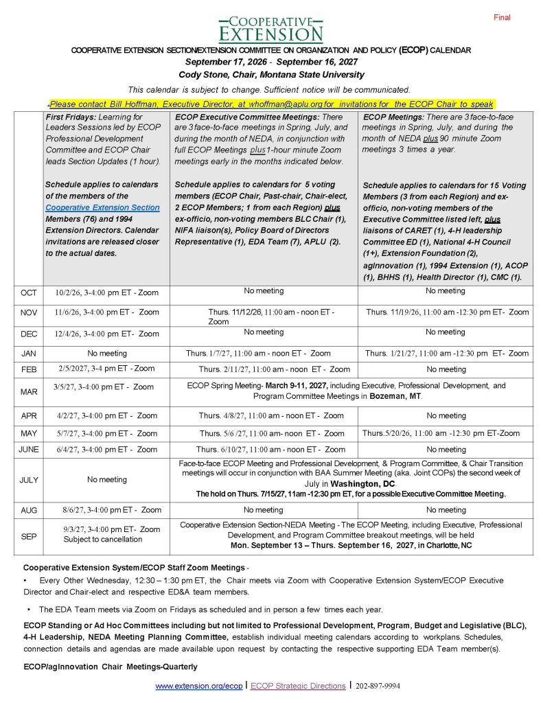 Cooperative Extension calendar titled “Cooperative Extension Section/Extension Committee on Organization and Policy (ECOP) Calendar” for September 17, 2026 through September 16, 2027. The document includes the Cooperative Extension logo at the top and identifies Cody Stone of Montana State University as chair. A highlighted note provides contact information for the ECOP chair speaking invitations. The main content is a three-column schedule organized by month from October 2026 through September 2027. Columns list: First Fridays leadership and section update sessions held by Zoom; ECOP Executive Committee meetings; and ECOP meetings. Most recurring meetings are virtual, with monthly or periodic Zoom sessions. Face-to-face meetings are highlighted in March 2027 in Bozeman, Montana; July 2027 in Washington, D.C., during the BAA Summer Meeting; and September 13 to 16, 2027, in Charlotte, North Carolina, during the Cooperative Extension Section-NEDA Meeting. Notable dates include Executive Committee Zoom meetings in November 2026, January, February, April, May, and June 2027; ECOP Zoom meetings in November 2026, January 2027, and May 2027; and no meetings scheduled in several months. First Friday Zoom sessions generally occur from 3:00 to 4:00 p.m. Eastern Time. The bottom section lists additional Cooperative Extension System/ECOP staff Zoom meetings, standing and ad hoc committee information, quarterly ECOP AgInnovation chair meetings, the ECOP website URL, a link to ECOP Strategic Directions, and a contact phone number. The page is formatted as a detailed table with month-by-month meeting schedules and planning notes.